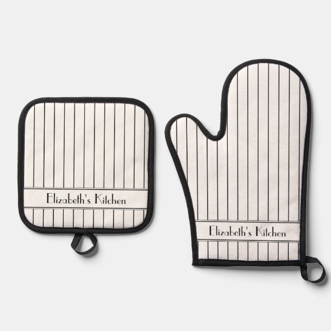 Personalised Black White Pinstripe Pattern Oven Mitt & Pot Holder Set (Front)