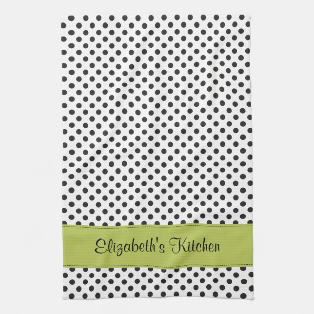 Personalised Black White Polka Dot Green Tea Towel (Vertical)
