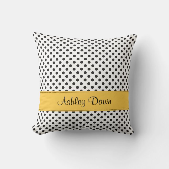 Personalised Black White Polka Dot Yellow Cushion (Front)
