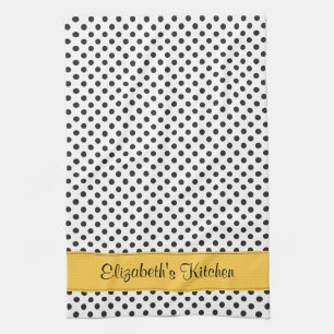 Personalised Black White Polka Dot Yellow Tea Towel