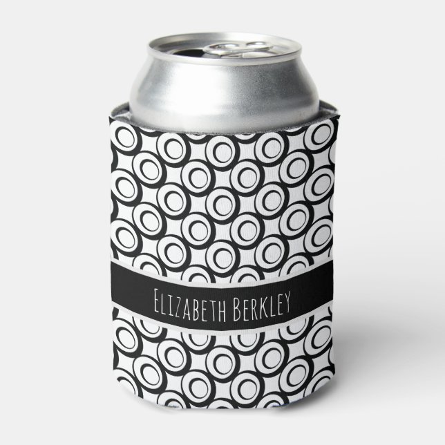 Personalised, Black & White Retro Circles Pattern Can Cooler (Can Front)