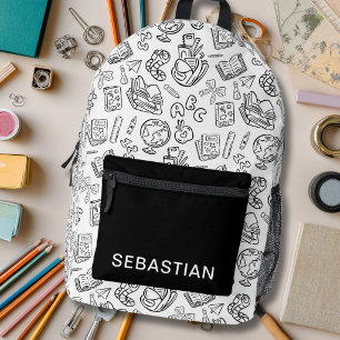 Personalised Black & White School Doodle Kids Printed Backpack