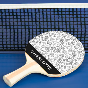 Personalised Black & White School Handdrawn Doodle Ping Pong Paddle