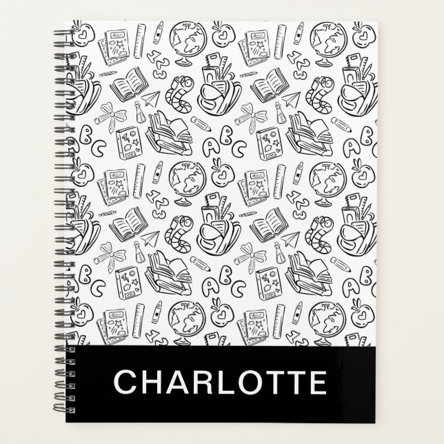 Personalised Black & White School Handdrawn Doodle Planner (Front)