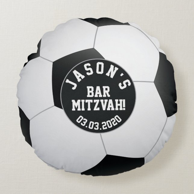 Personalised Black White Soccer Bar Mitzvah Round Cushion (Front)