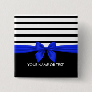 Personalised Black white Stripe Christmas Blue Bow 15 Cm Square Badge