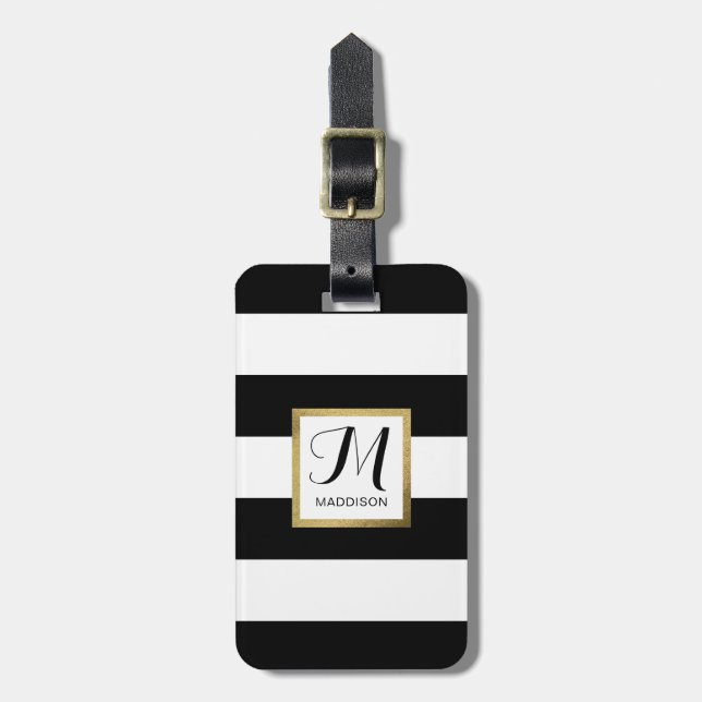 Personalised Black & White Striped Gold Monogram Luggage Tag (Front Vertical)