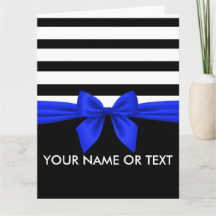 Personalised Black,white Stripes festive Blue Bow  Card