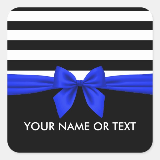 Personalised Black,white Stripes festive Blue Bow Square Sticker (Front)