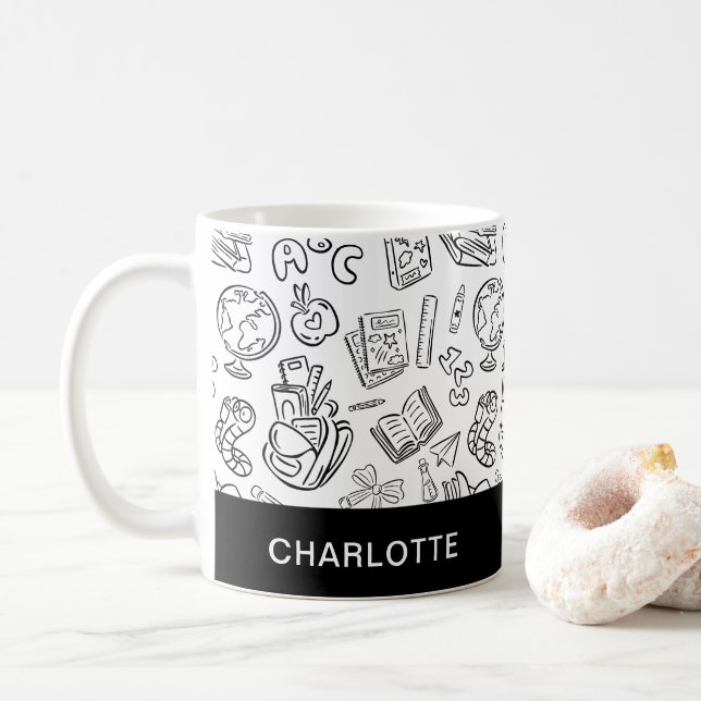 Personalised Black & White Teacher School Doodle Coffee Mug (With Donut)