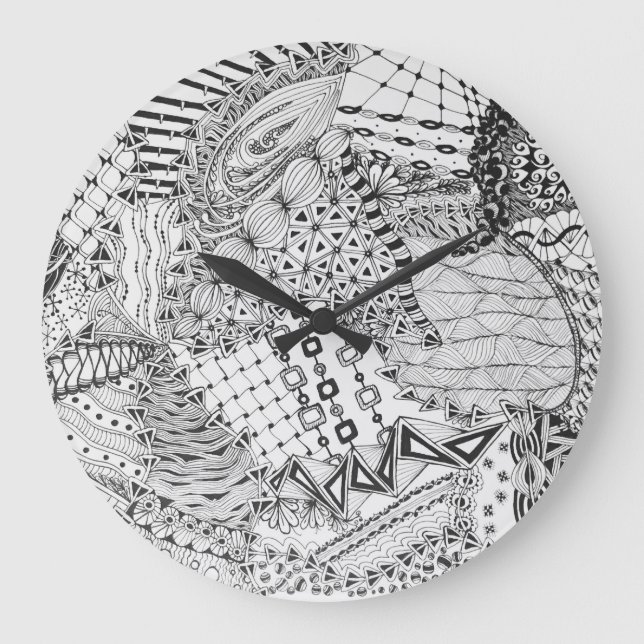 Personalised Black & White Zendoodle Tangle ZIA 01 Large Clock (Front)