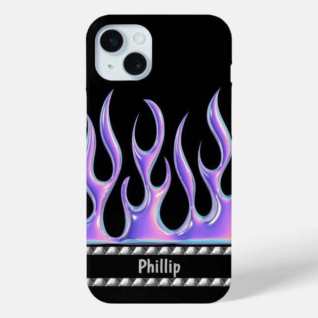 Personalised Black with 3D Purple Flames & Chrome  Case-Mate iPhone Case (Back)