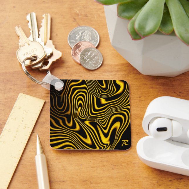 Personalised Black Yellow Gold Swirls Texture Key Ring (Desk)