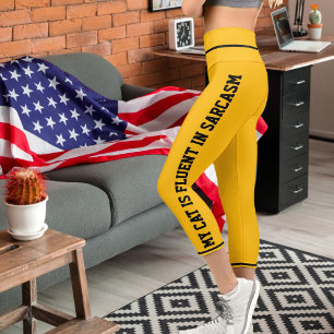 Personalised Black Yellow Orange Fun Comic Pet Cat Capri Leggings