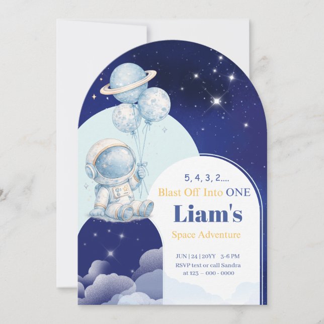 Personalised Blast Off Into One Space Birthday Inv Invitation (Front)