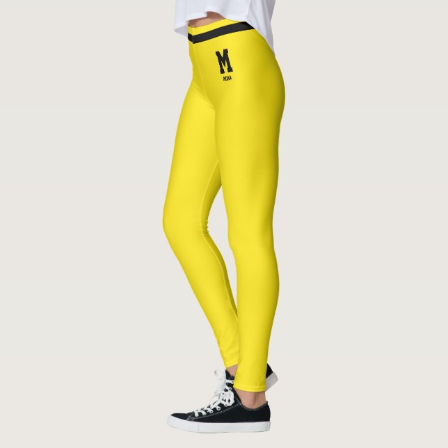 Personalised Blazing Yellow Black Striped Monogram Leggings (Left)