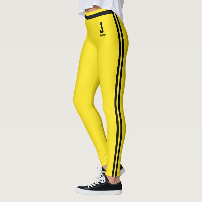 Personalised Blazing Yellow Black Stripes Monogram Leggings (Left)
