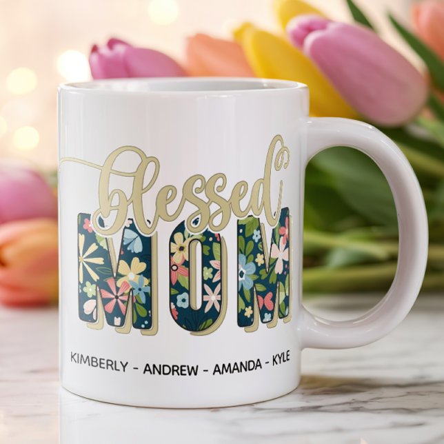 Personalised Blessed Mum Kids' Names Coffee Mug (Personalized Mug for Mom)