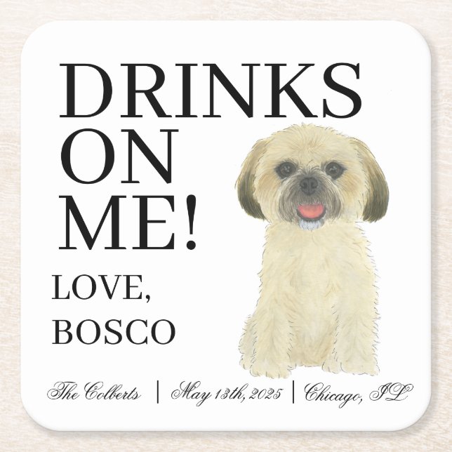 Personalised Blonce Tan Golden Shih Tzu Wedding Square Paper Coaster (Front)