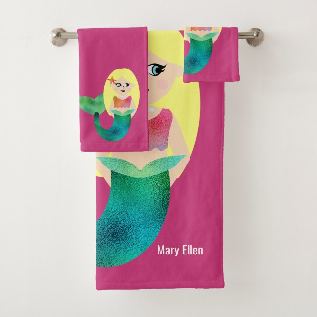 Personalised Blonde Faux Foil Mermaid Kids Cute Bath Towel Set (Insitu)