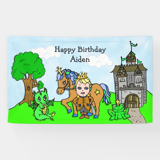 Personalised Blonde Haired Prince Birthday Banner (Horizontal)