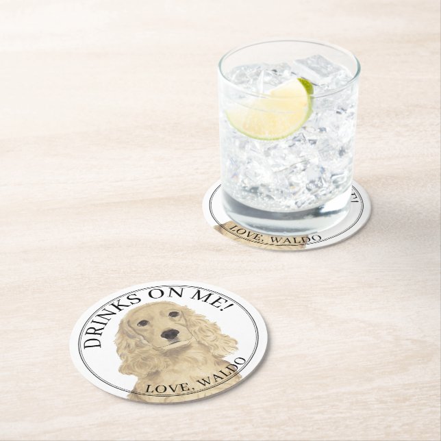 Personalised Blonde Tan Cocker Spaniel Dog Wedding Round Paper Coaster (Insitu)