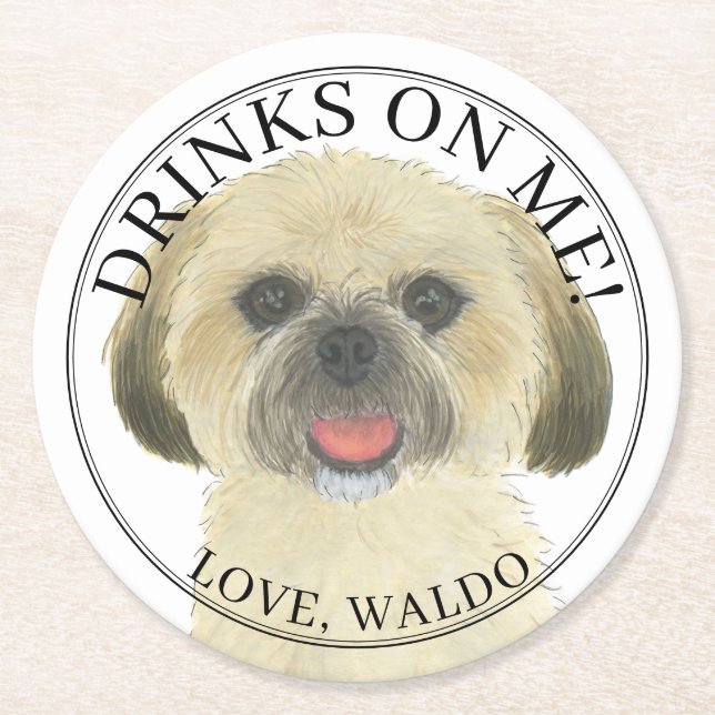 Personalised Blonde Tan Gold Shih Tzu Dog Wedding Round Paper Coaster (Front)