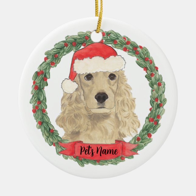 Personalised Blonde Tan Golden Cocker Spaniel Ceramic Tree Decoration (Front)
