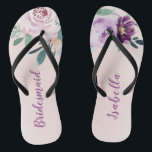 Personalised Blooming botanical purple bridesmaid Jandals<br><div class="desc">Watercolor botanical floral and greenery in blush,  peach and purple,  elegant and romantic,   great personalised bridesmaid gifts</div>