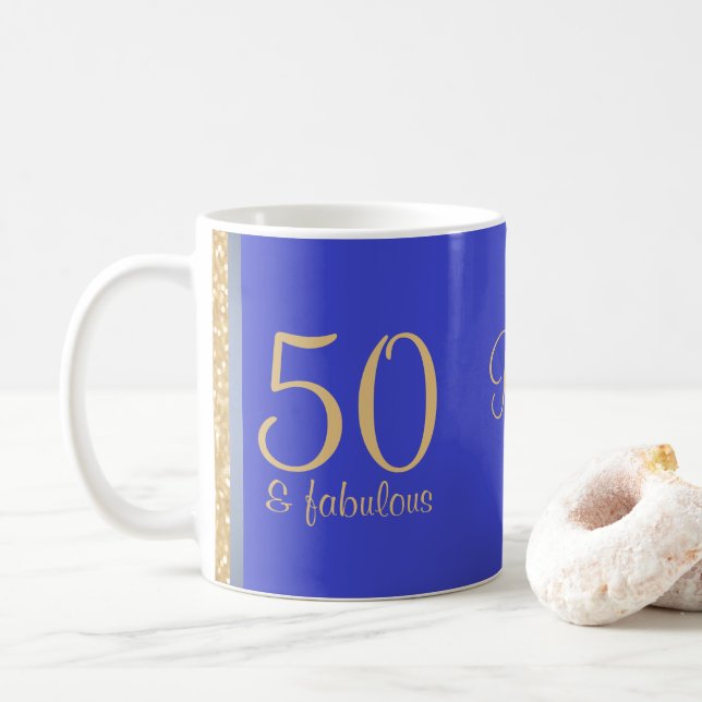 Personalised Blue "50 and Fabulous" 50th Birthday Coffee Mug (With Donut)