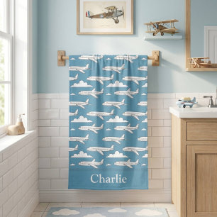 Personalised Blue Aeroplane Kids Bath Towel