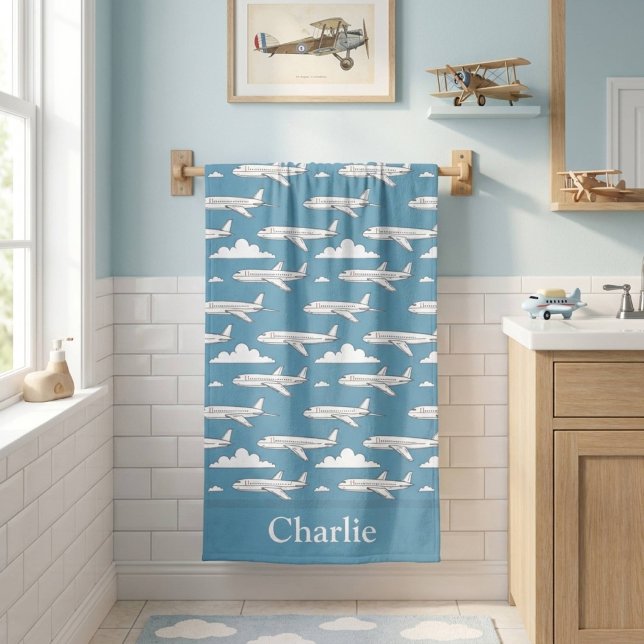 Personalised Blue Aeroplane Kids Bath Towel (Creator Uploaded)