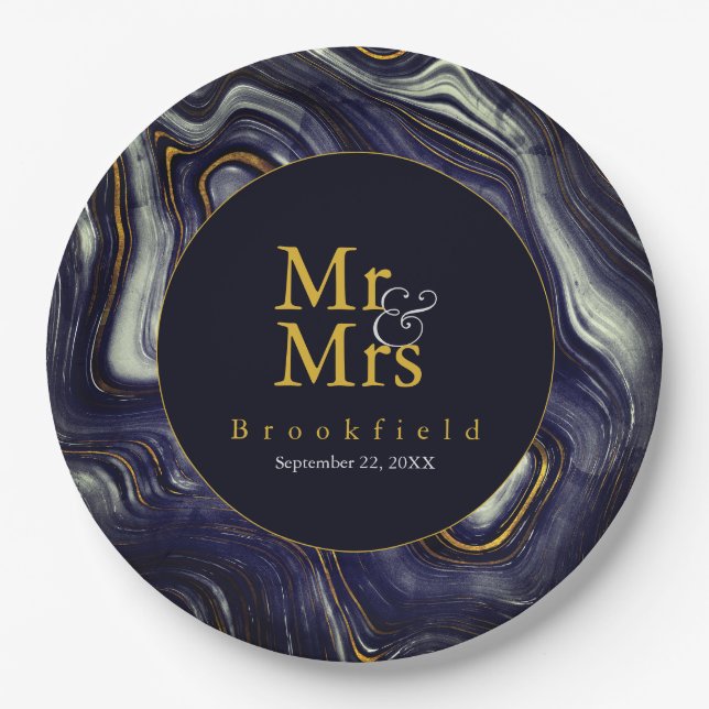 Personalised Blue Agate Wedding Mr Mrs Paper Plate (Front)