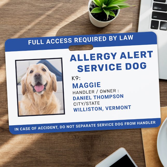 Personalised Blue Allergy Alert Service Dog Photo ID Badge (Creator Uploaded)