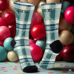 Personalised Blue and Cream Tartan Plaid Custom Socks