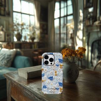 Personalised Blue and Gold Embroidered Floral Case-Mate iPhone 14 Pro Case