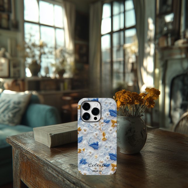Personalised Blue and Gold Embroidered Floral Case-Mate iPhone Case (Creator Uploaded)