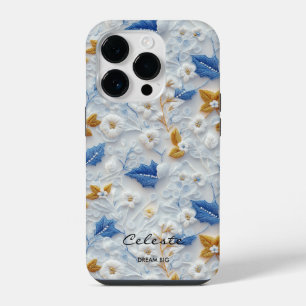 Personalised Blue and Gold Embroidered Floral iPhone 14 Pro Case