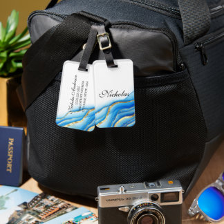 Personalised blue and gold luggage tag