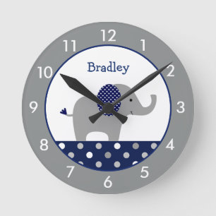 Personalised Blue and Grey Elephant Nursery Round Clock