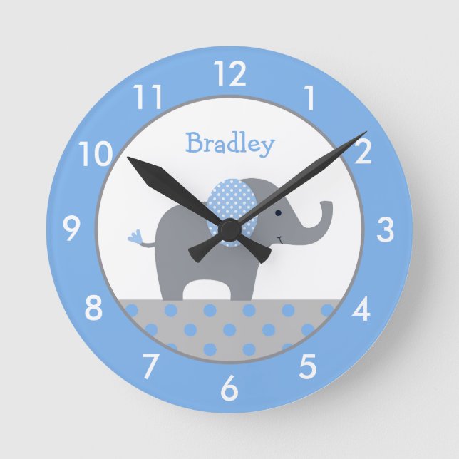 Personalised Blue and Grey Elephant Nursery Round  Clock (Front)