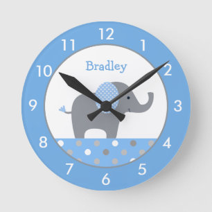 Personalised Blue and Grey Elephant Nursery Round  Round Clock