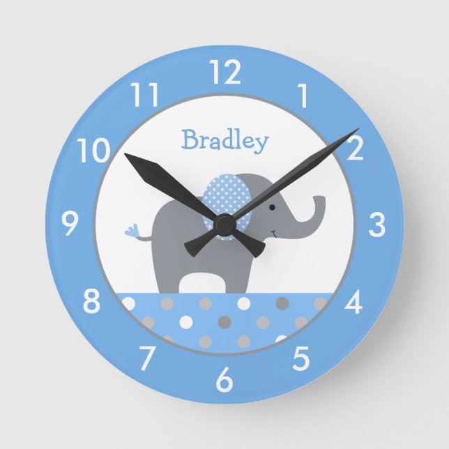 Personalised Blue and Grey Elephant Nursery Round  Round Clock (Front)