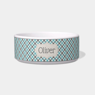 Personalised Blue and Grey Plaid Pet Bowl