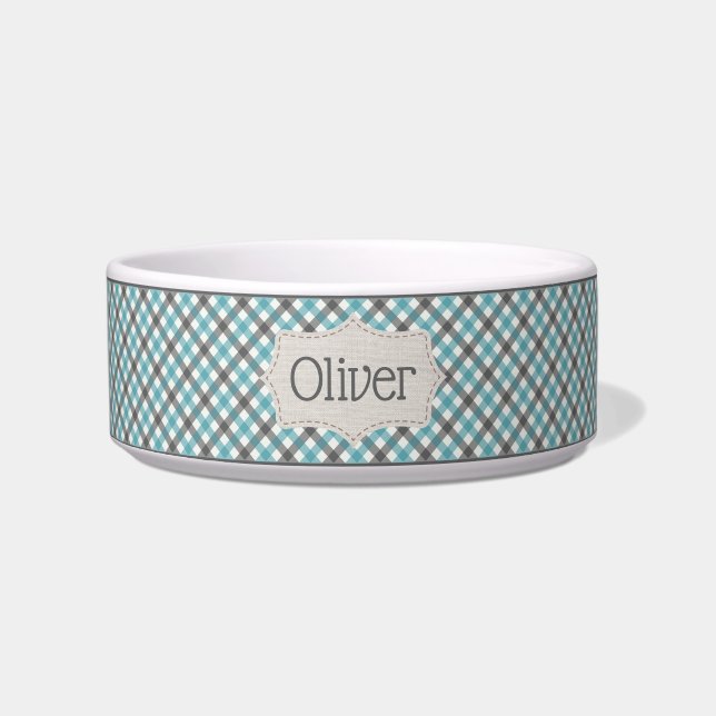 Personalised Blue and Grey Plaid Pet Bowl (Front)