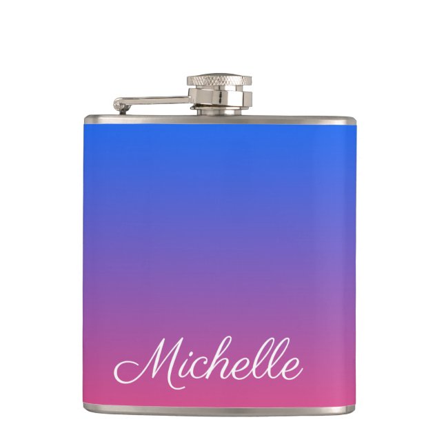 Personalised blue and pink ombre gradient hip flask (Front)