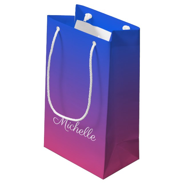 Personalised blue and pink ombre gradient small gift bag (Back Angled)