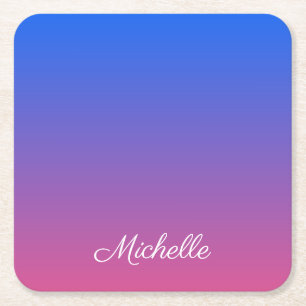 Personalised blue and pink ombre gradient square paper coaster