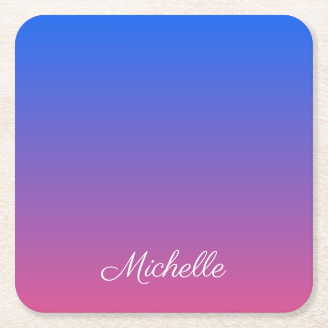 Personalised blue and pink ombre gradient square paper coaster (Front)