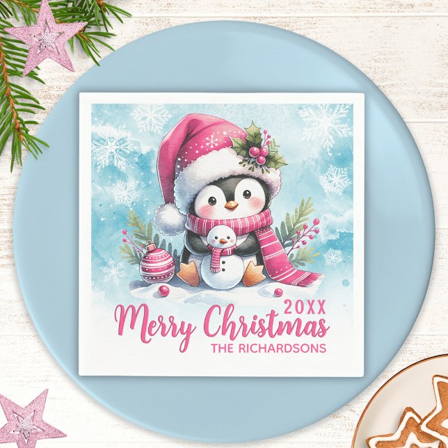 Personalised Blue and Pink Penguin Merry Christmas Napkin (Creator Uploaded)